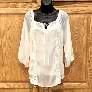 AB Studio White Peasant sheer blouse, lined, size M